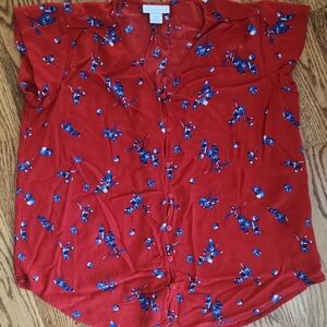 Liz Claiborne Red and Blue Floral Blouse Womens Med